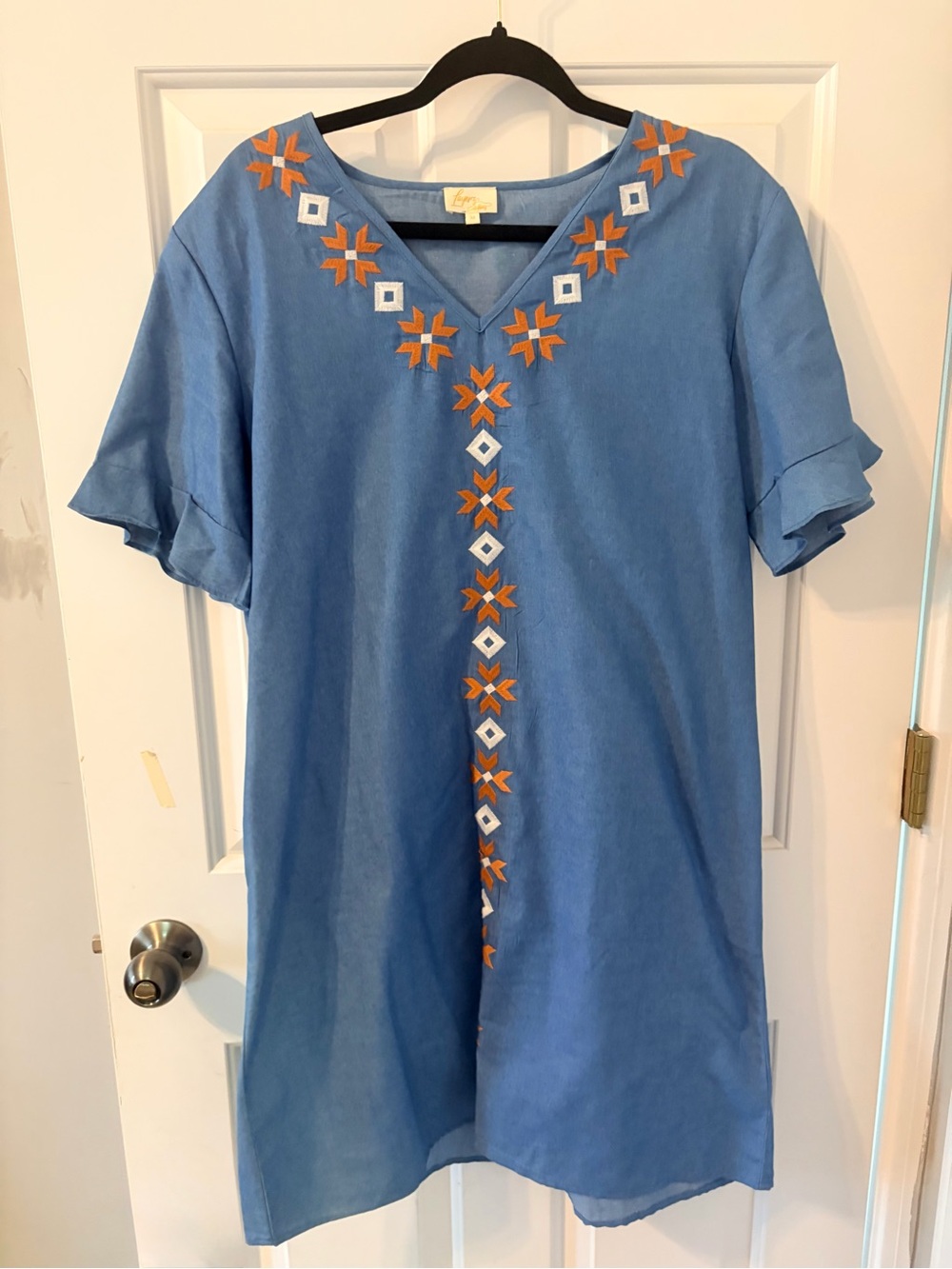 Blue Embroidered V-Neck Tunic Dress